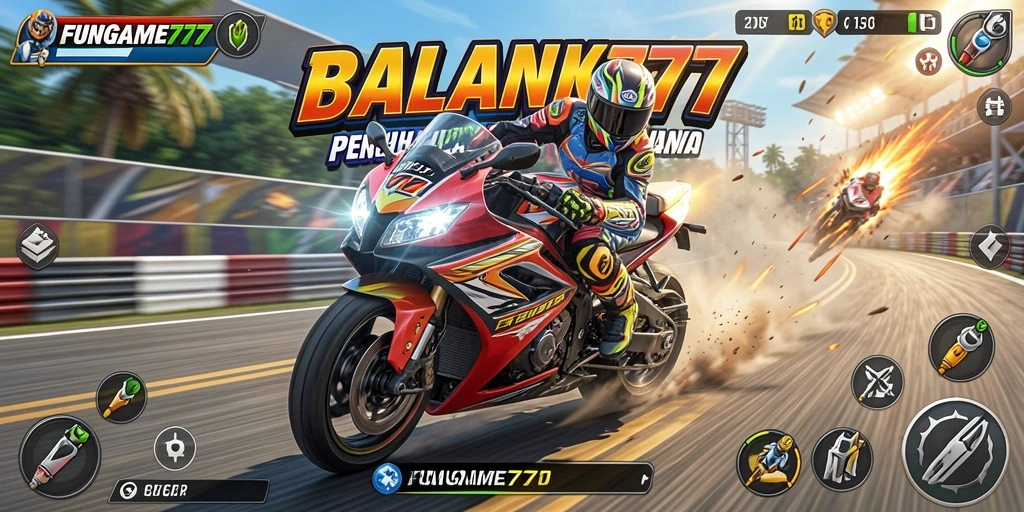 Gambaran gameplay memacu adrenalin dalam FUNGAME777, balapan motor yang intens.