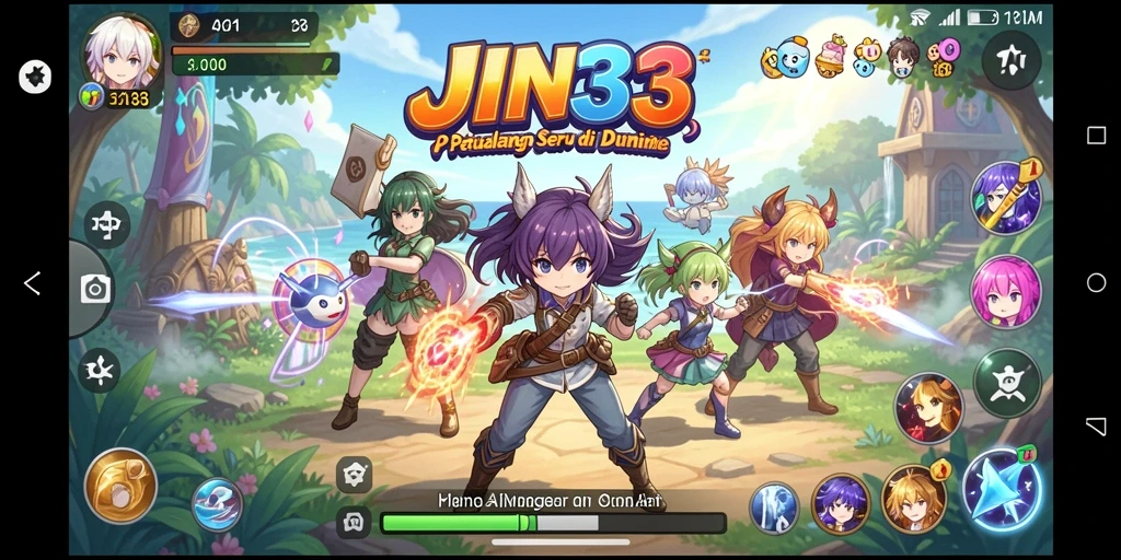 Tangkapan layar gameplay JIN33 menampilkan karakter Anime dalam pertempuran dramatis.