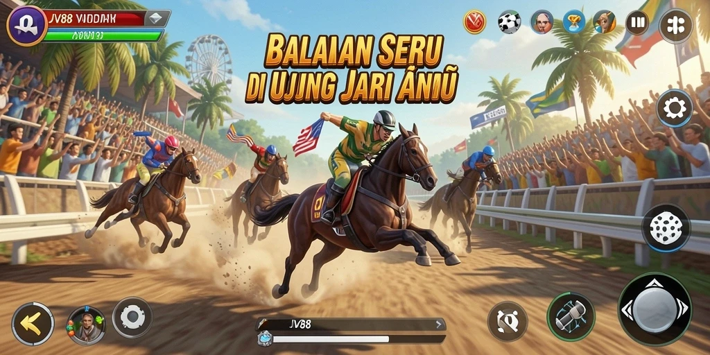 Screenshot gameplay JV88 menunjukkan balapan menegangkan dengan mobil cepat.