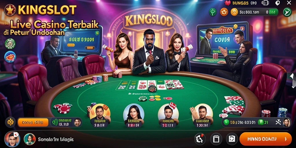 Screenshot utama KINGSLOT menampilkan dealer langsung dan permainan interaktif.