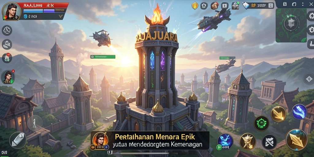 Screenshot gameplay RAJAJUARA menampilkan aksi menara mempertahankan markas dari serangan musuh.