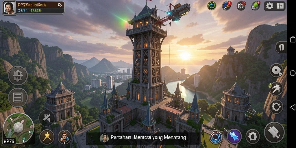 Tampilan gameplay RP79 menampilkan aksi menara pertahanan yang menegangkan.