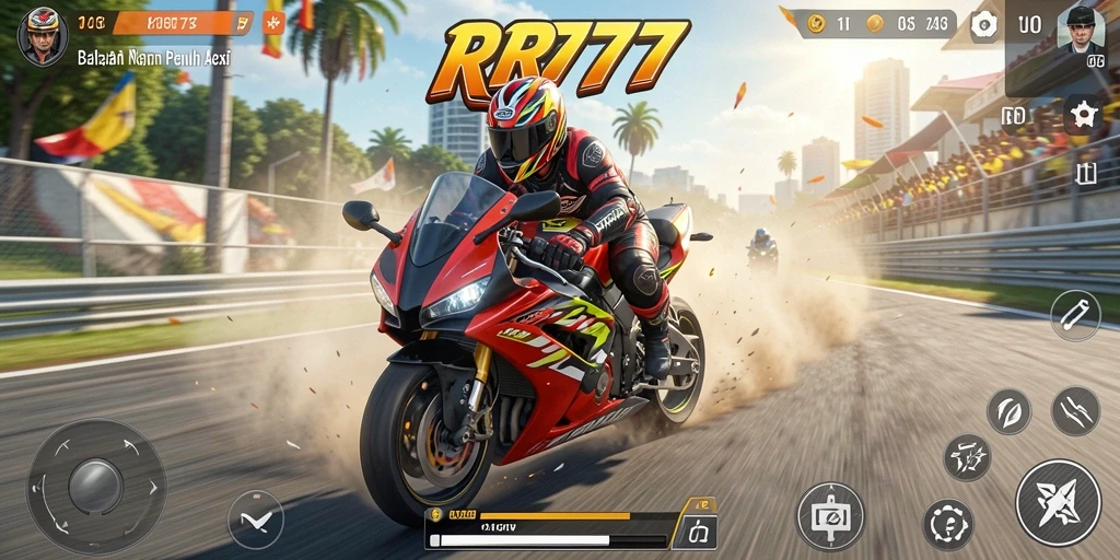 Gameplay mendebarkan di RR777 dengan motor balap yang cepat.